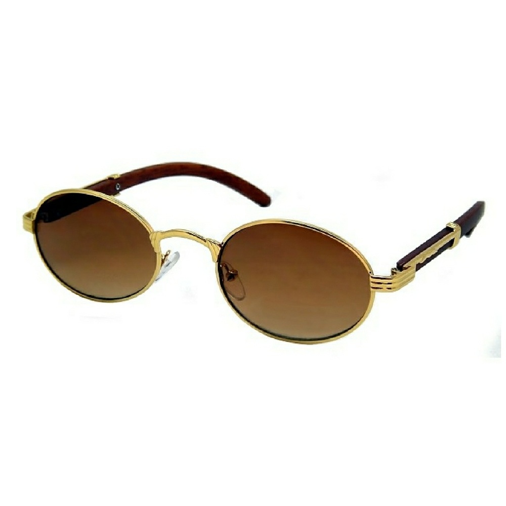 Gold Trim Wood Migos Style Oval Sunglasses